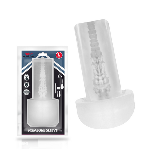 Manchon masturbateur Addicted Pleasure Sleeve transparent moule en orifice intime realiste sur base arrondie, presente avec sa carte blister.