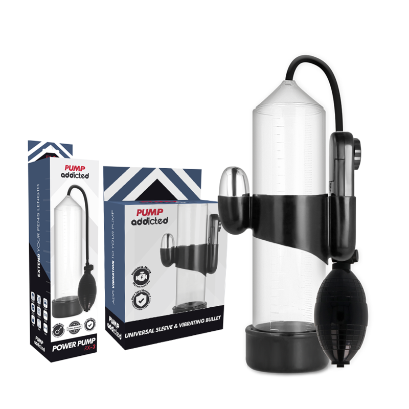 Boites Addicted Pump de la pompe a penis transparente et du bullet vibrant universel, dispositif de vide et accessoire de stimulation presentes en coffret power pump.
