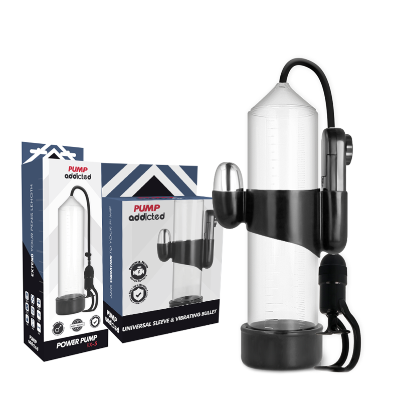 Pompe a penis Addicted RX5 a cylindre transparent avec poire d'aspiration et bullet, accompagnee de ses boites Pump, systeme de vide manuel et gaine masturbateur en silicone.