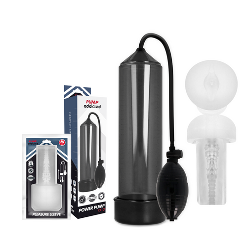 Pompe a penis Addicted Power Pump avec boite Pleasure Sleeve et manchon transparent moule en orifice realiste, systeme de vide manuel a poire.