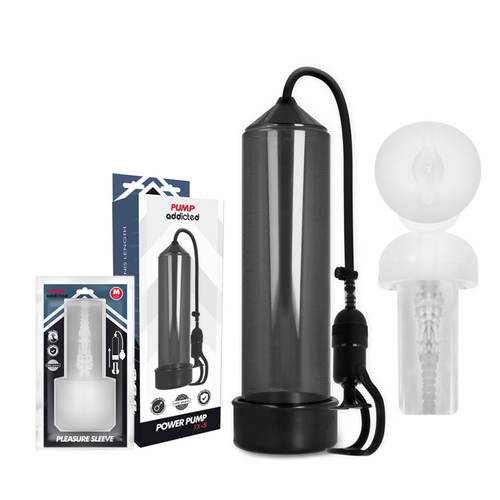 Pompe a penis Addicted Power Pump fume avec boite Pleasure Sleeve et manchon transparent moule en orifice intime realiste, systeme de vide a poire.
