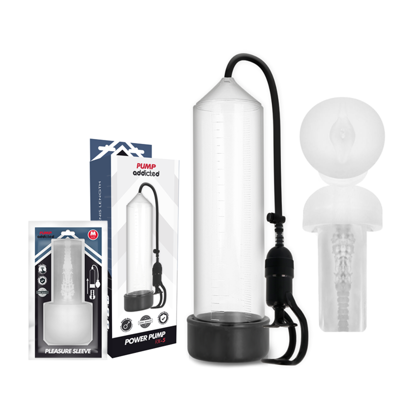 Pompe a penis Addicted Power Pump et boite Pleasure Sleeve avec manchon transparent moule en orifice intime realiste, effet ventouse a poire.