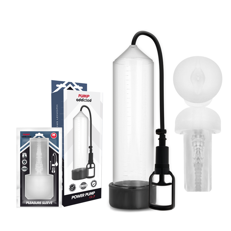 Pompe a penis Addicted Power Pump et boite Pleasure Sleeve avec manchon transparent moule en orifice intime realiste, effet de vide a poire.
