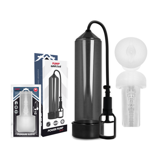 Pompe a penis Addicted Power Pump avec boite Pleasure Sleeve et manchon transparent moule en orifice intime realiste, systeme de vide a poire.