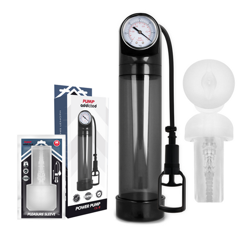 Pompe a penis Addicted Power Pump avec sa boite Pleasure Sleeve et un manchon transparent moule en orifice realiste, systeme de vide a manometre.