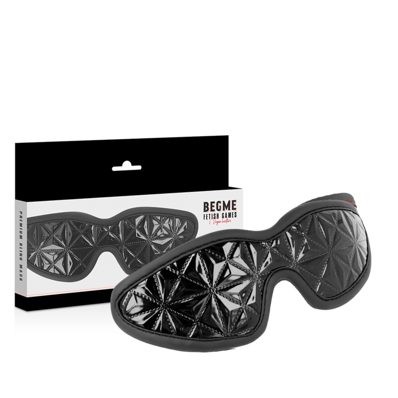 Boîte Begme Premium Blind Mask et masque aveugle cuir vegan noir présentés côte à côte, accessoire BDSM réglable métal sans nickel pour jeux de domination.