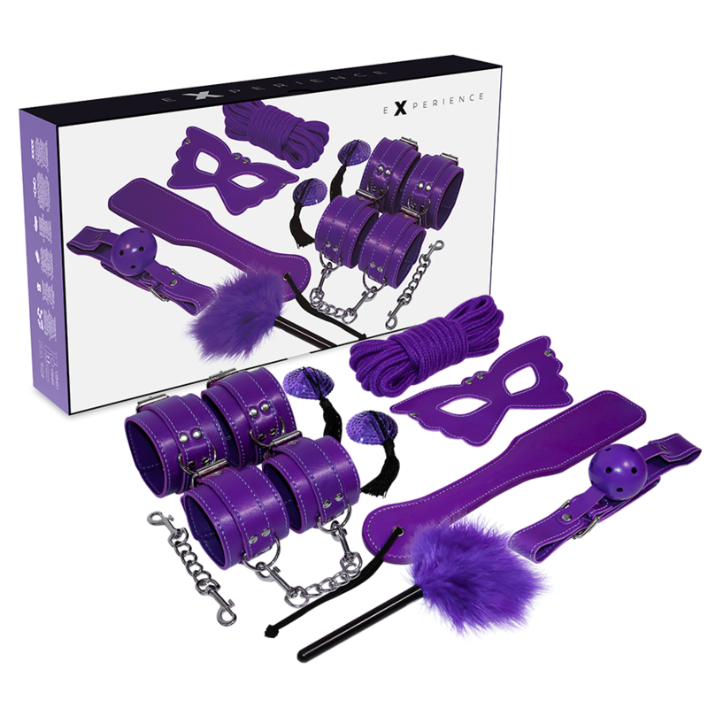 Kit BDSM complet cuir synthétique violet 8 pièces — vue principale