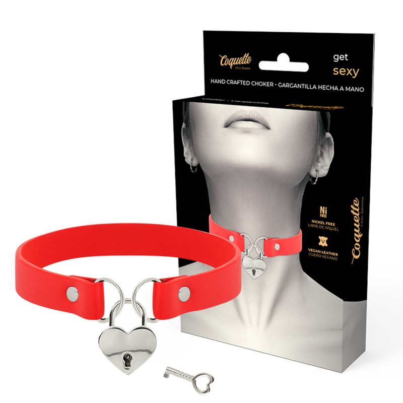 Collier en cuir vegan rouge avec pendentif cœur et clé — vue principale