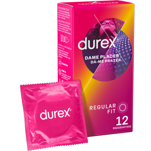 Boite rose et violette Durex Dame Placer Regular Fit avec sachet rose, preservatifs textures a points et stries pour stimulation extra, boite de 12 unites.
