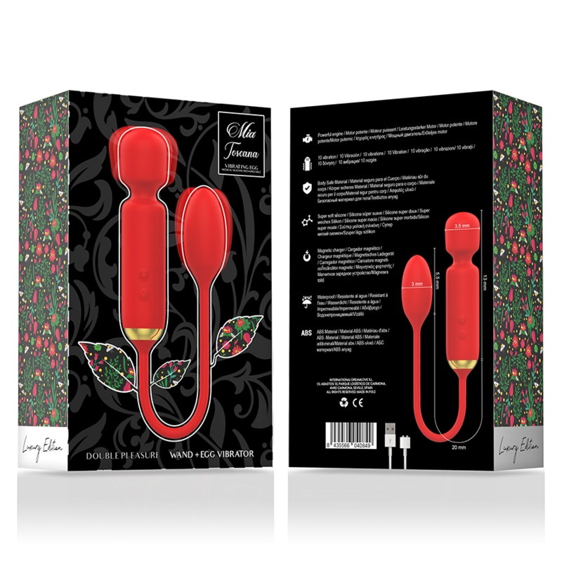 Emballage recto-verso du combo Toscana wand and egg vibrator, illustrant la baguette et l'oeuf vibrant avec descriptifs et cable USB, gamme double plaisir silicone medical Mia.