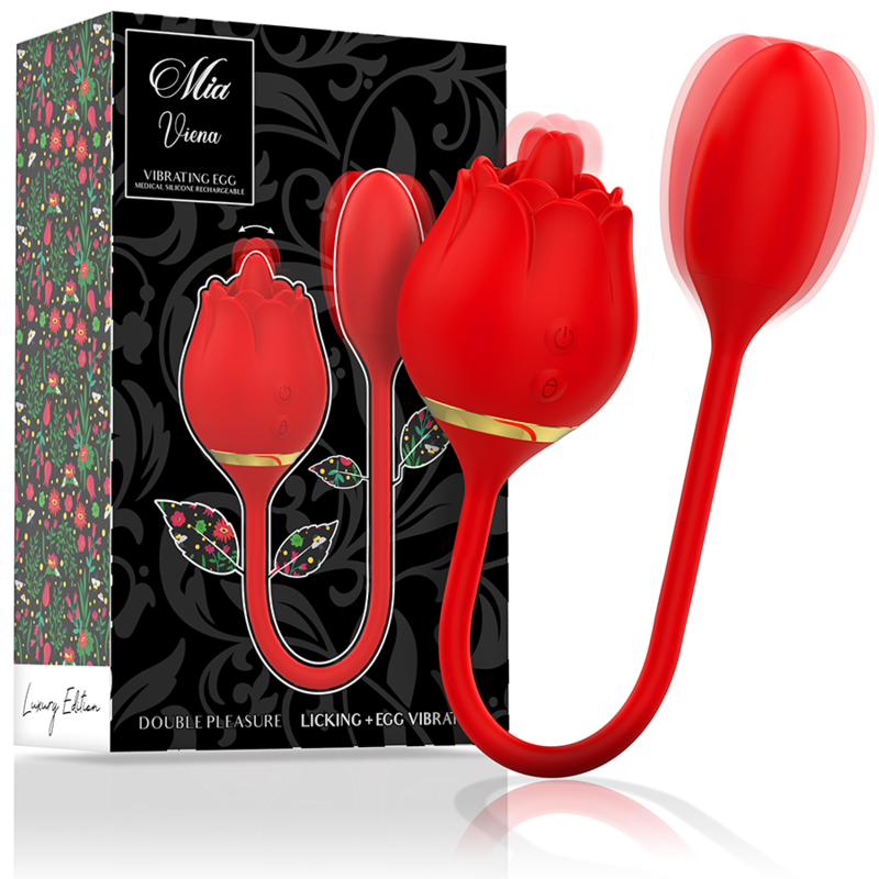 Boite du stimulateur Vienna double plaisir, illustrant la rose d'aspiration rouge reliee a un oeuf vibrant par cordon, gamme licking and egg vibrator en silicone Mia.