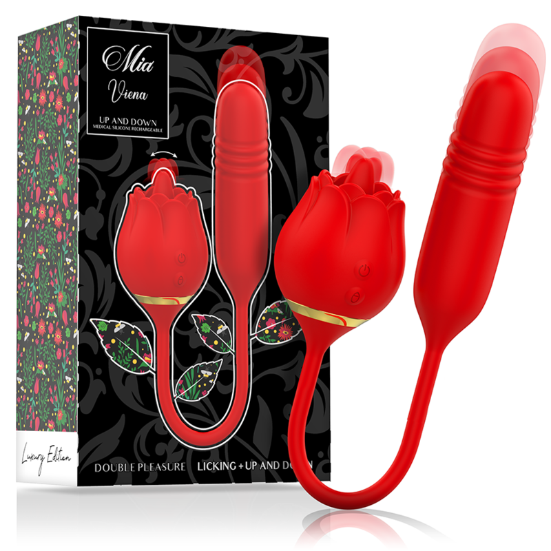 Boite du stimulateur Mia Vienna lip and down, illustrant la rose d'aspiration rouge et la tige de stimulation reliees par cordon, gamme double plaisir en silicone rouge.