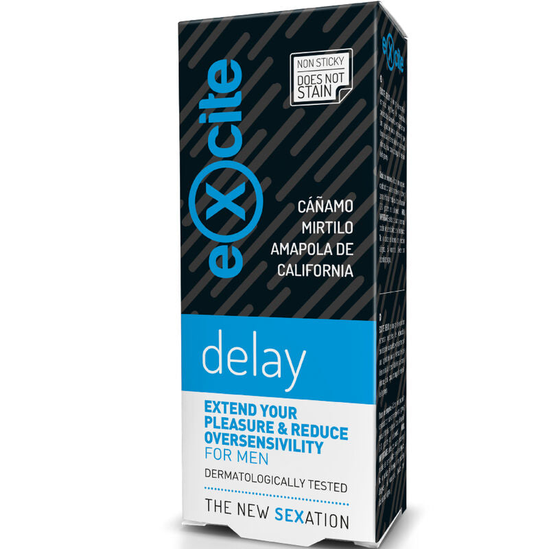 Boite noire Excite Delay, gel retardant apaisant pour homme 20 ml, vue de face trois quarts, extraits de plantes bio et menthol contre l'hypersensibilite masculine