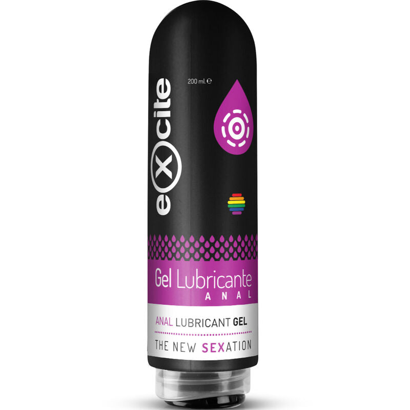 Flacon noir Excite Gel Lubricante Anal, lubrifiant intime gel 200 ml a la goutte violette, vue de face, formule confort pour jeux anaux, marque Excite