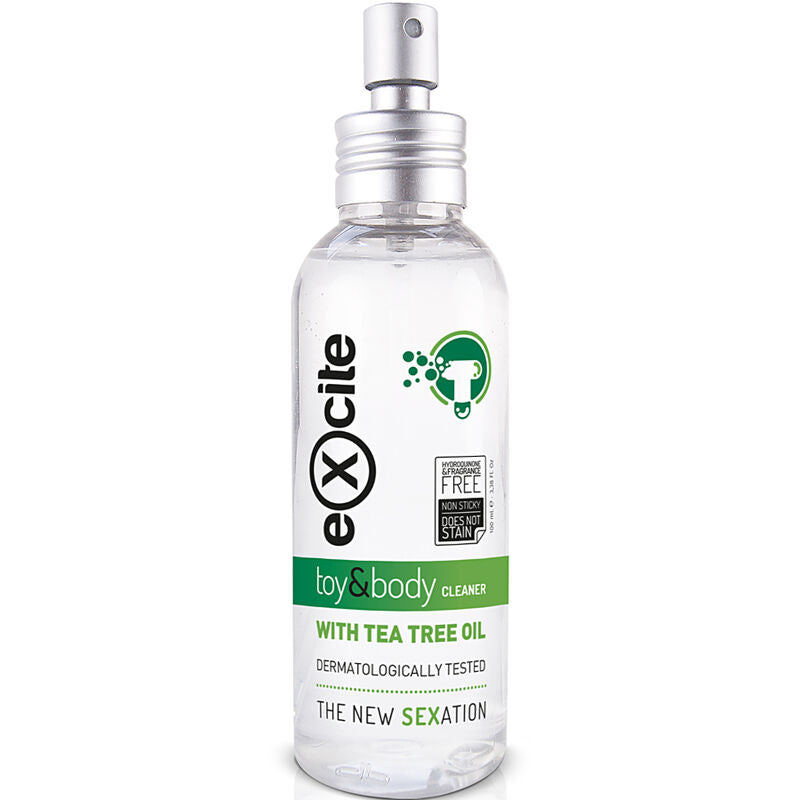 Flacon spray transparent Excite Toy and Body Cleaner, nettoyant sextoys a l'arbre a the 100 ml, vue de face, sans alcool ni sulfate, teste dermatologiquement