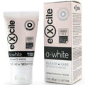 Tube et boite blancs Excite o-white, soin cosmetique pour zones intimes 50 ml bleach and care, vue de face, formule hydratante adoucissante usage externe