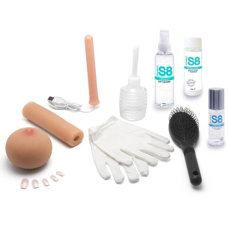Kit d'entretien de Helen : sein amovible, baguette chauffante USB, plug, gants en coton, brosse, nettoyant et lubrifiant S8, irrigateur et ongles de rechange