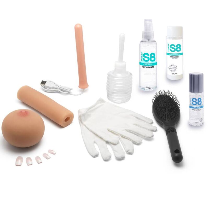 Kit d'entretien et accessoires fournis avec Pamela : baguette chauffante USB, irrigateur, gants, brosse à cheveux, nettoyant et lubrifiant S8