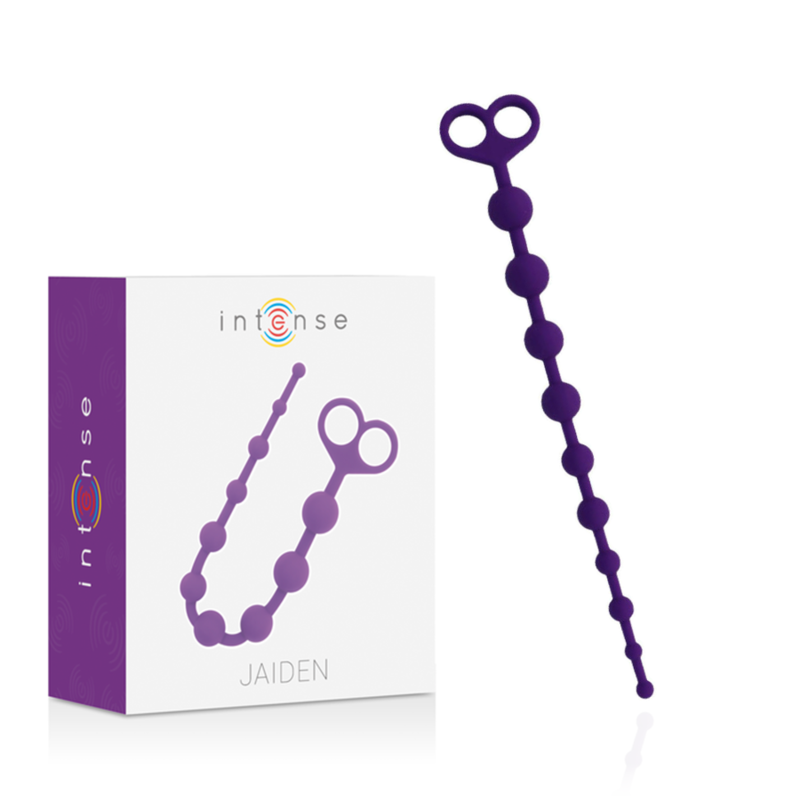 Boite Jaiden Intense violette et son chapelet anal violet en silicone à billes dégressives avec anneau, jouet souple pour une stimulation anale progressive.