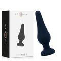 Boite Intense Pipo Size S posee a cote du plug anal noir en silicone, profil conique effile et base stable, packaging sobre pour un jouet de dilatation debutant.