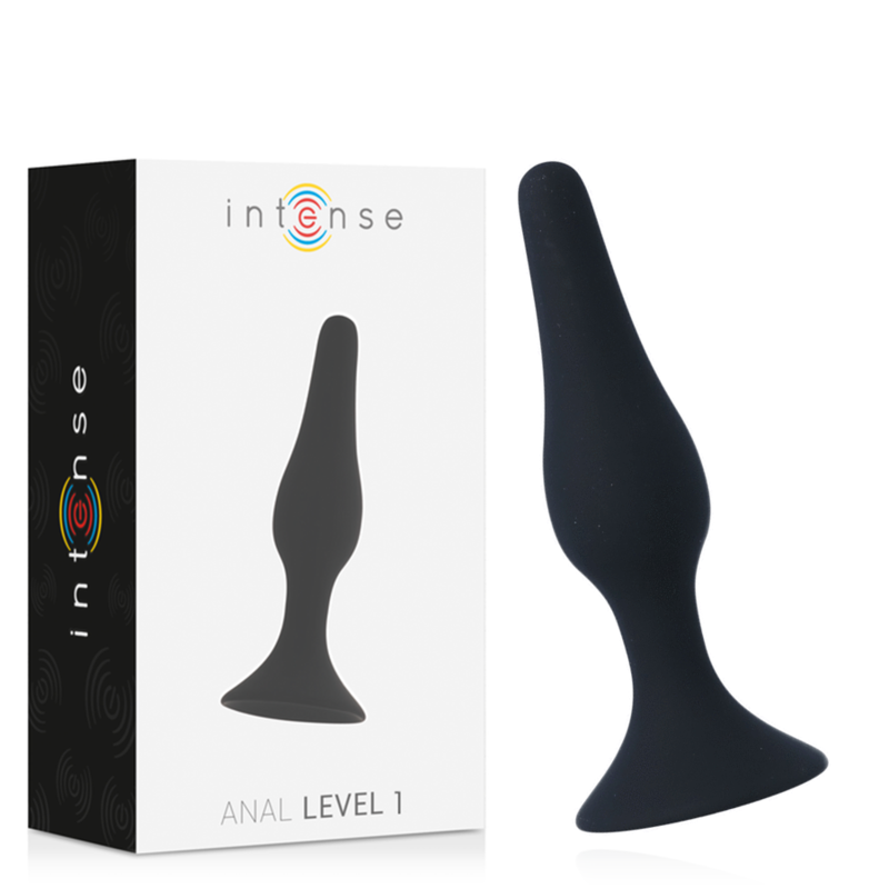 Boite Intense Anal Level 1 a cote du plug anal noir en silicone, profil fin a pointe conique et base ventouse evasee, packaging pour debuter la stimulation anale.