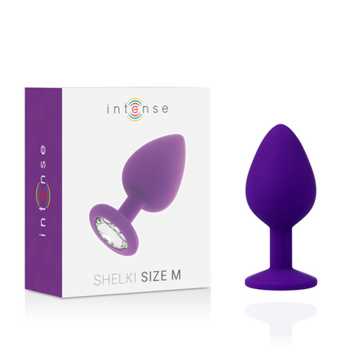 Plug anal Shelki violet en silicone avec sa boite Intense, base ornee d'un strass, pointe conique et base evasee de securite, sextoy anal taille M body-safe