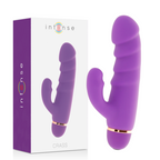 Boite Intense Crass a cote du vibromasseur rabbit violet, fut texture a tete formee et oreille clitoridienne, packaging du jouet double stimulation 17,5 cm 20 modes.