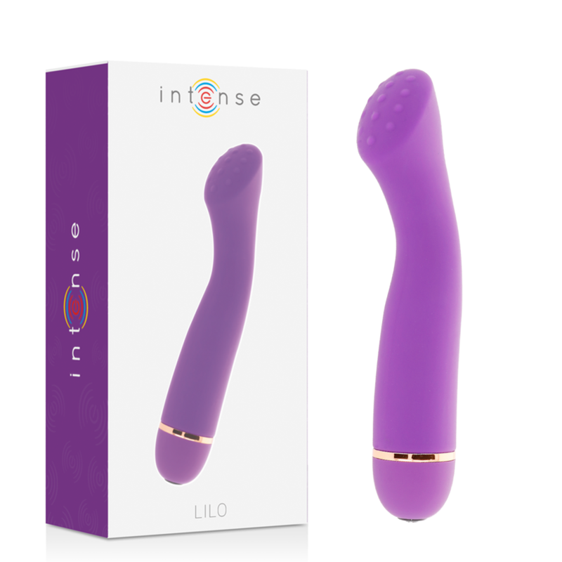 Boite Intense Lilo a cote du vibromasseur point G lilas en silicone, tige courbee a tete picotee, packaging du stimulateur point G 20 modes flexible et discret.