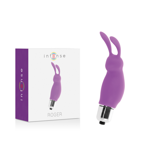Boite Intense Roger violette avec mini vibromasseur bullet lapin violet, oreilles clitoridiennes et embout chrome, packaging produit sur fond blanc.