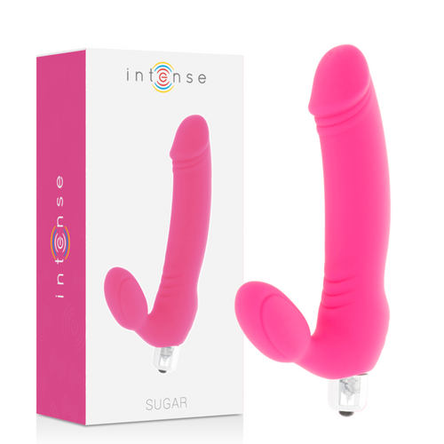 Boite Intense Sugar avec son gode strap-on sans harnais en silicone rose a cote, double embout pour penetration et stimulation interne simultanee, vibration et coloris vif.
