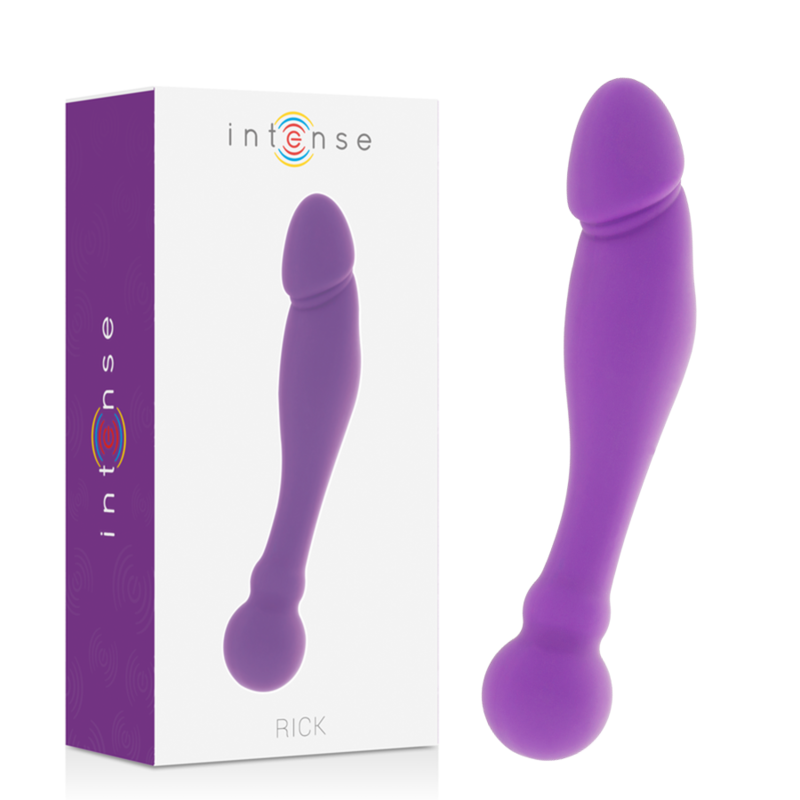 Boite Intense Rick et son gode violet en silicone a double extremite, gland sculpte et boule, presentes cote a cote, jouet de penetration polyvalent au design epure.