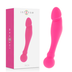 Boite Intense Rick rose avec son gode assorti en silicone, gland sculpte et embout boule, presentes cote a cote, accessoire de penetration polyvalent au coloris vif.