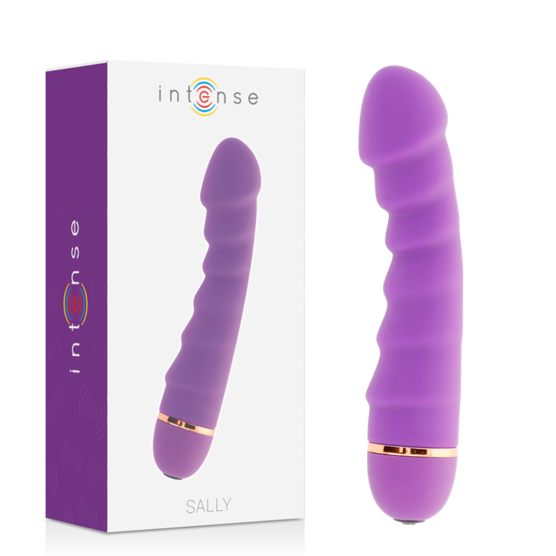 Boite Intense Sally a cote du vibromasseur point G lilas en silicone, fut a anneaux spirales et tete arrondie, packaging du stimulateur a ondes oscillantes 20 modes.