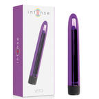 Vibromasseur Intense Vito lilas de 17 cm présenté à côté de sa boîte.