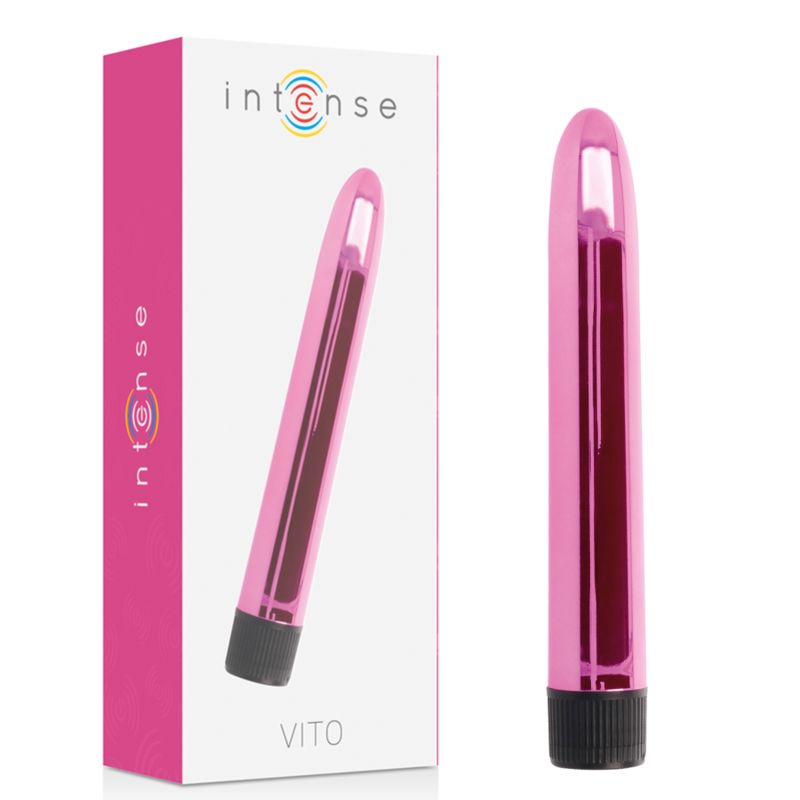 Vibromasseur Intense Vito rose de 17 cm présenté à côté de sa boîte.