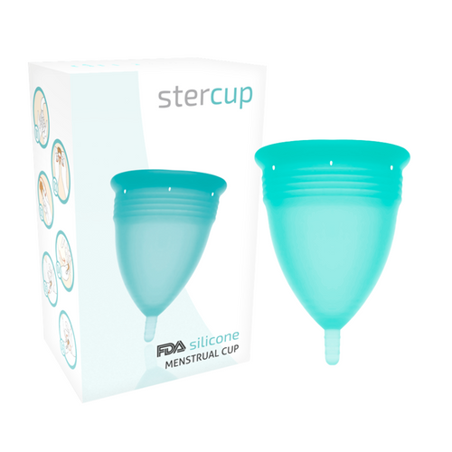 Coffret Stercup silicone certifie FDA presente a cote de la coupe menstruelle turquoise, protection intime reutilisable proposee en tailles S et L.