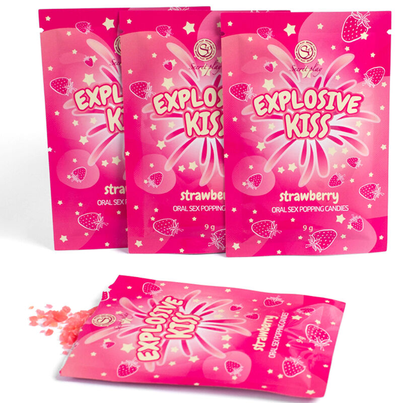 Plusieurs sachets roses Explosive Kiss Secretplay fraise empiles, bonbons explosifs comestibles pour sexe oral, effet bulles petillantes en bouche.