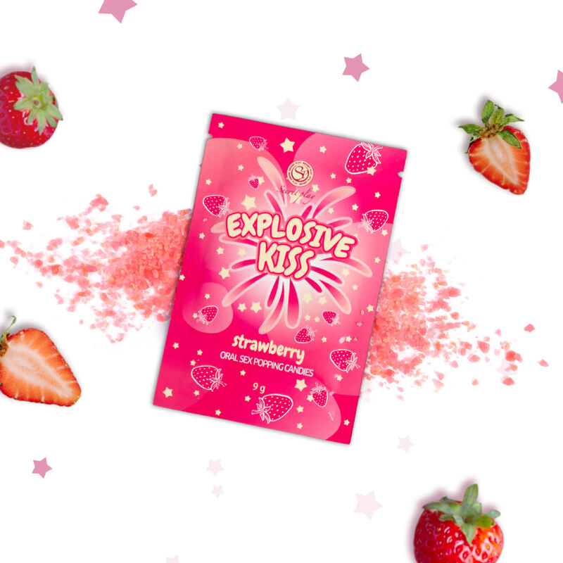 Sachet Explosive Kiss Secretplay fraise avec poudre rose petillante etalee et fraises fraiches, bonbons comestibles effervescents pour massages erogenes.