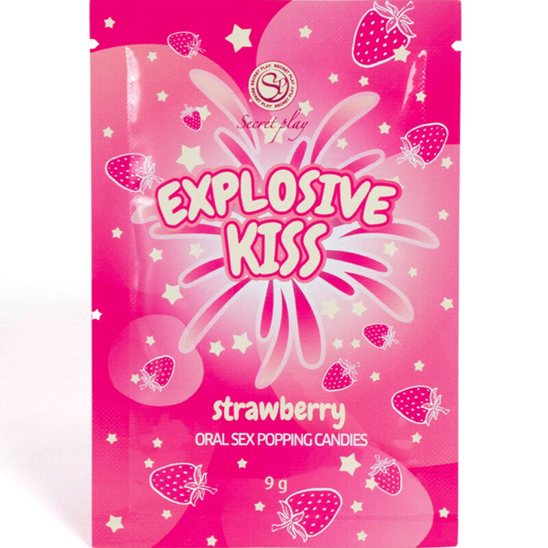 Gros plan du sachet rose Explosive Kiss Secretplay fraise, bonbons effervescents comestibles pour jeux oraux, sensation petillante a partager a deux.