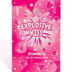 Gros plan du sachet rose Explosive Kiss Secretplay fraise, bonbons effervescents comestibles pour jeux oraux, sensation petillante a partager a deux.
