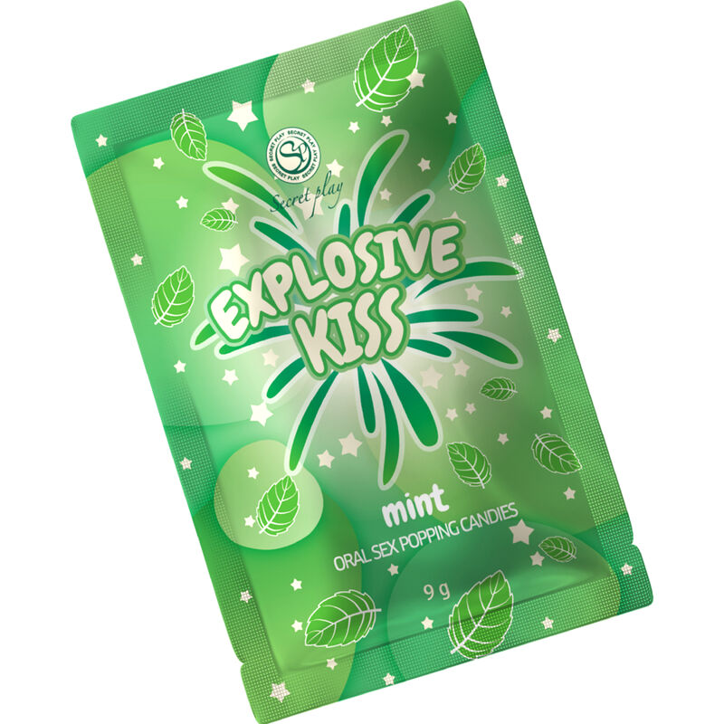 Sachet vert Explosive Kiss Secretplay bonbons explosifs saveur menthe, popping candies comestibles pour sexe oral, effet petillant en bouche 9 grammes.
