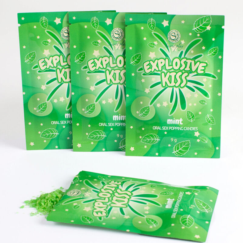 Plusieurs sachets verts Explosive Kiss Secretplay menthe empiles, bonbons explosifs comestibles pour jeux oraux, sensation petillante a partager.