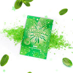 Sachet Explosive Kiss Secretplay menthe avec poudre verte petillante etalee et feuilles de menthe, bonbons comestibles pour sexe oral effervescent.