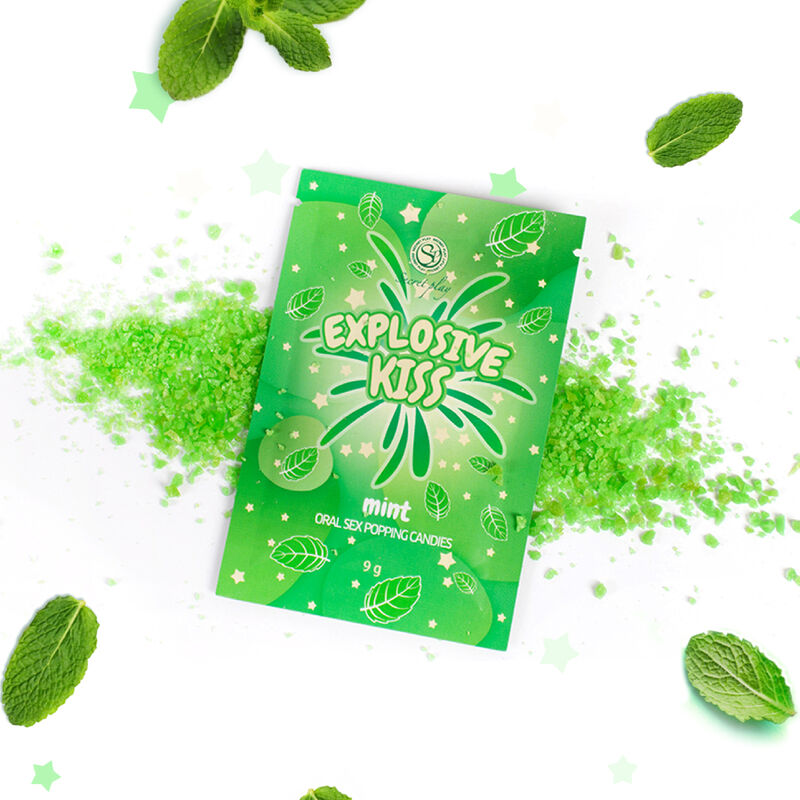 Sachet Explosive Kiss Secretplay menthe avec poudre verte petillante etalee et feuilles de menthe, bonbons comestibles pour sexe oral effervescent.