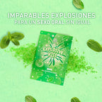 Visuel Explosive Kiss Secretplay menthe sur fond vert avec slogan explosions, bonbons petillants comestibles pour un sexe oral sensoriel et ludique.