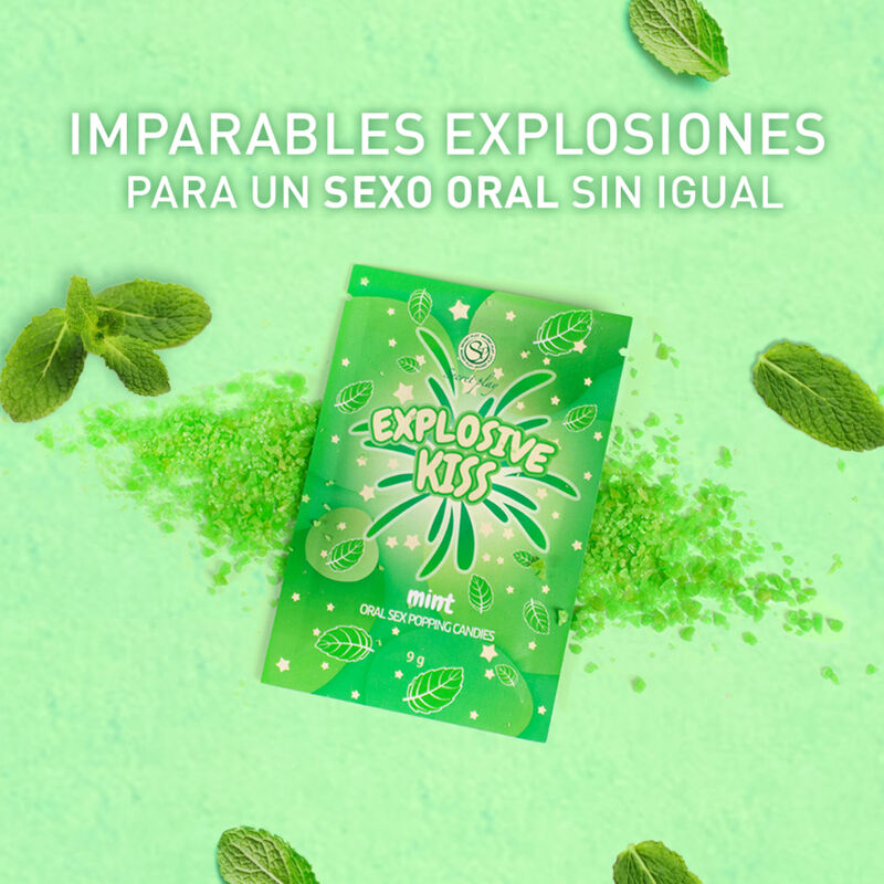 Visuel Explosive Kiss Secretplay menthe sur fond vert avec slogan explosions, bonbons petillants comestibles pour un sexe oral sensoriel et ludique.