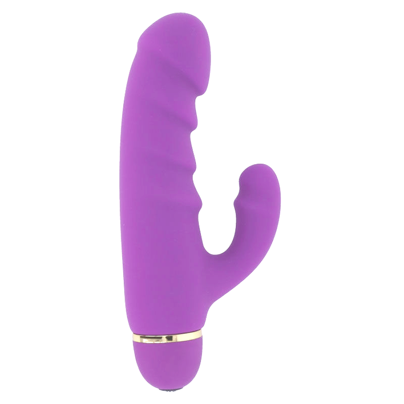 Vibromasseur rabbit Intense Crass violet de 17,5 cm, vue de face, tige moulee en relief a tete formee et branche clitoridienne, double stimulation 20 modes etanche.