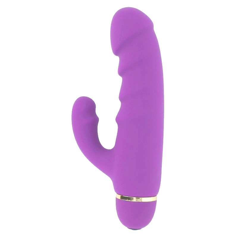 Vibromasseur rabbit Intense Crass violet vu de trois quarts, tige nervuree a tete bombee marquee et bras clitoridien, stimulateur double zone a 20 modes de vibration.