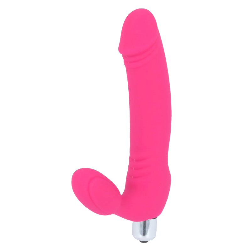 Gode strap-on sans harnais Sugar en silicone rose, tige texturee et base bulbeuse interne pour la partenaire, vibration sur embout chrome, jouet de penetration partagee.