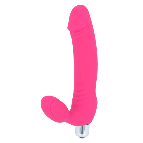 Gode strap-on sans harnais Sugar en silicone rose, tige texturee et base bulbeuse interne pour la partenaire, vibration sur embout chrome, jouet de penetration partagee.